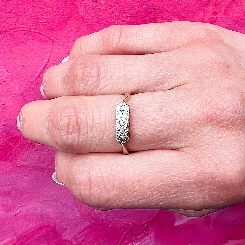 Engraved Platinum & 18ct Diamond-Set "Bow" Ring