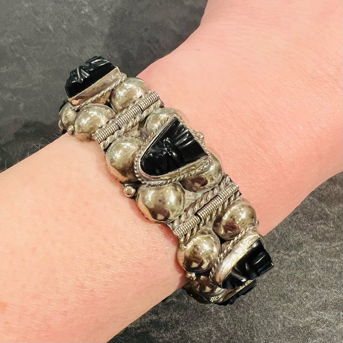 Dramatic Taxco Onyx Mask Panel Bracelet