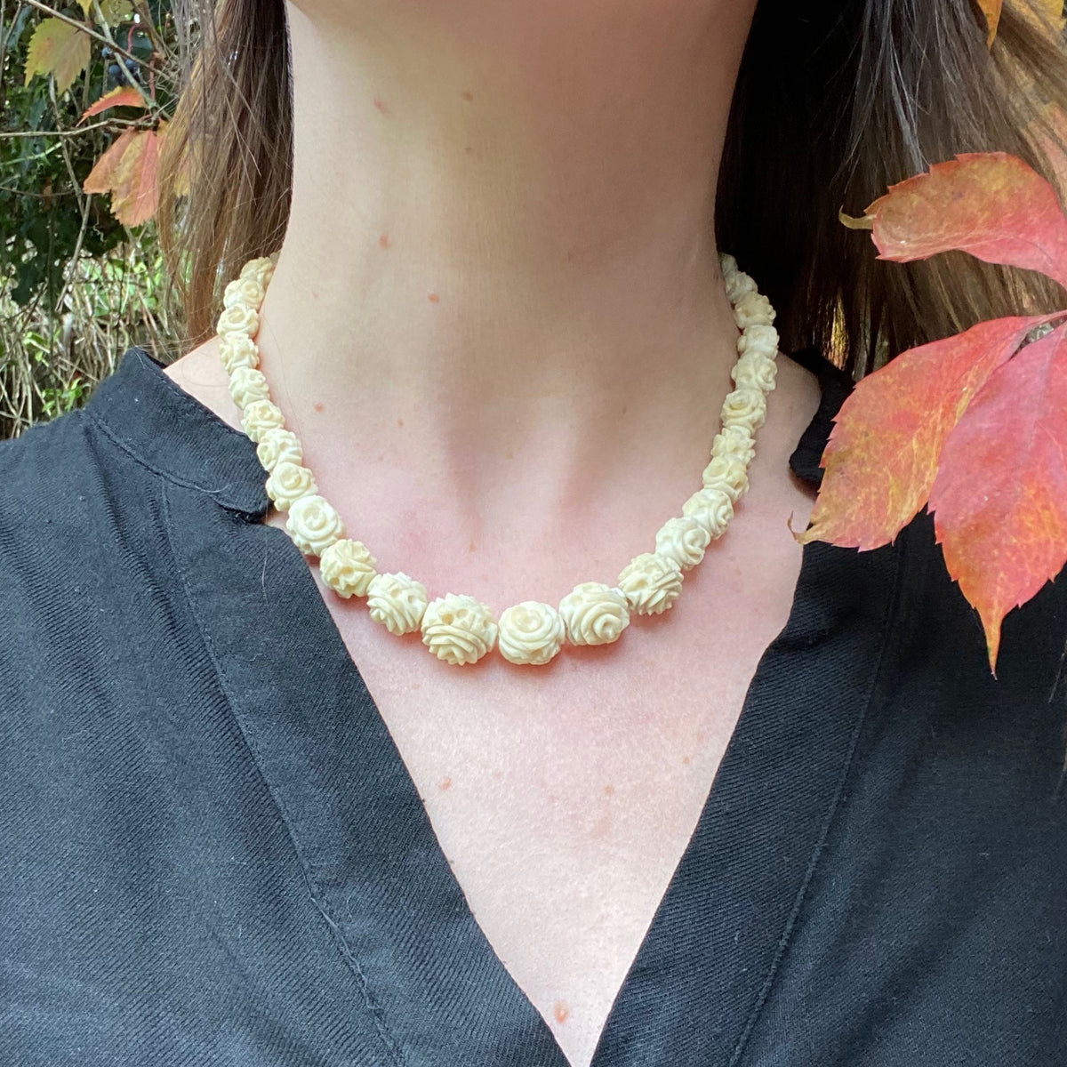 Chinese Roses Carved Organic Bead Necklace