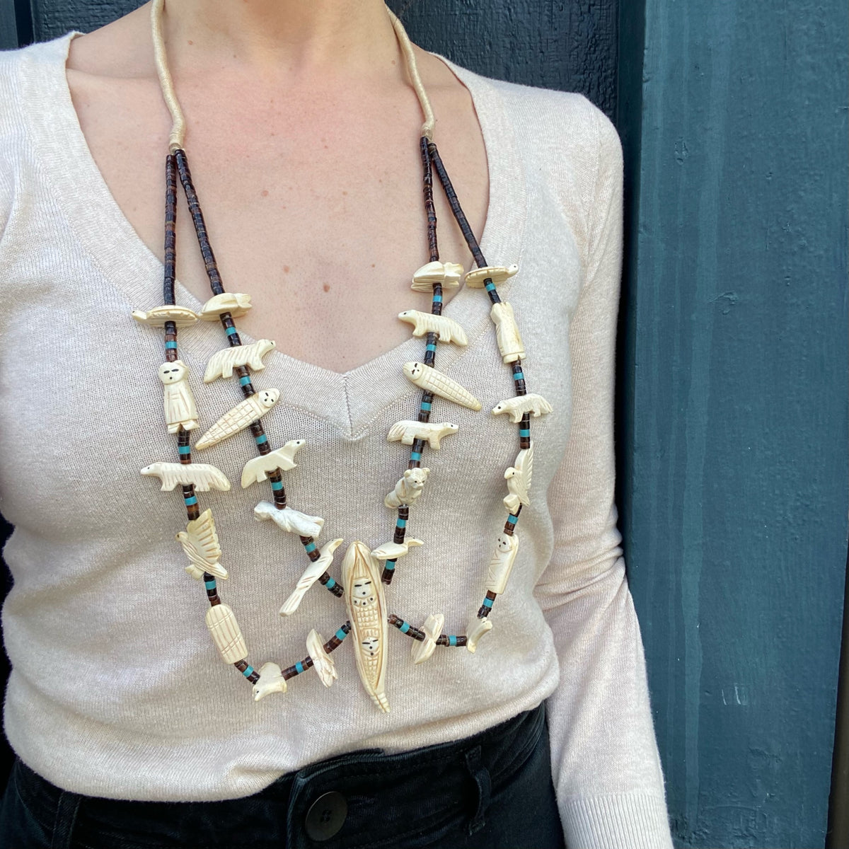 Zuni Carved Bone Fetish Necklace with Heishi Beads