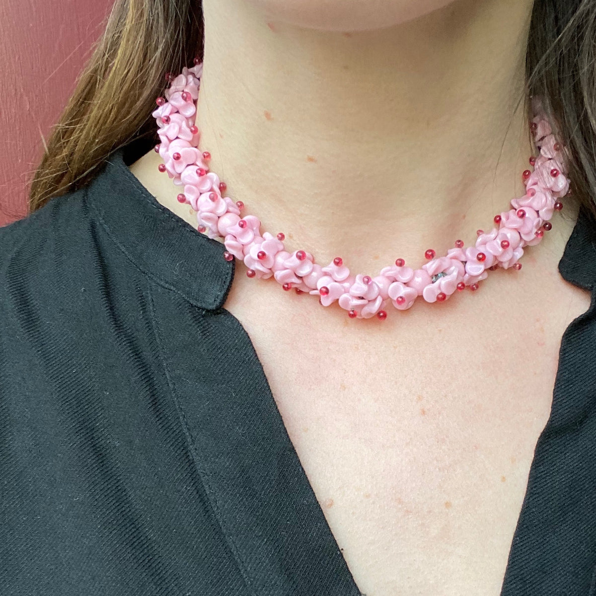 Clustered Blossoms Pink Glass Bead Choker