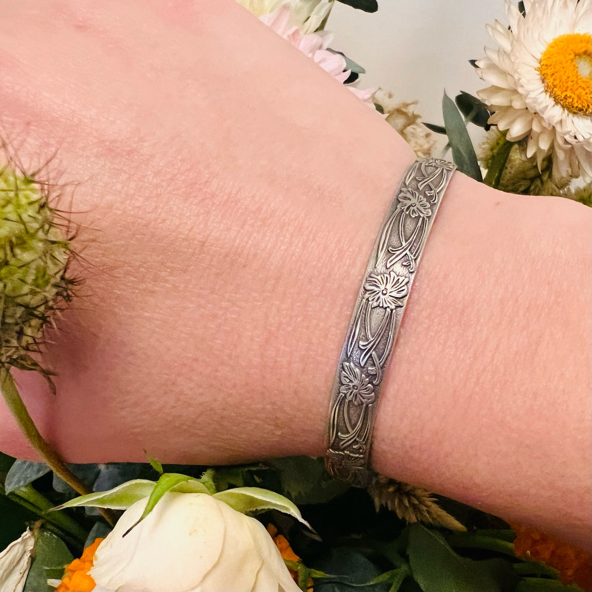 The Art Nouveau Patterned Sterling Bangle from Allie B.