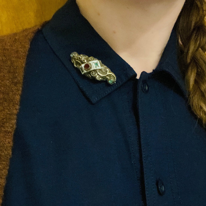 Antique Enamel and Table Cut Gemstone Brooch