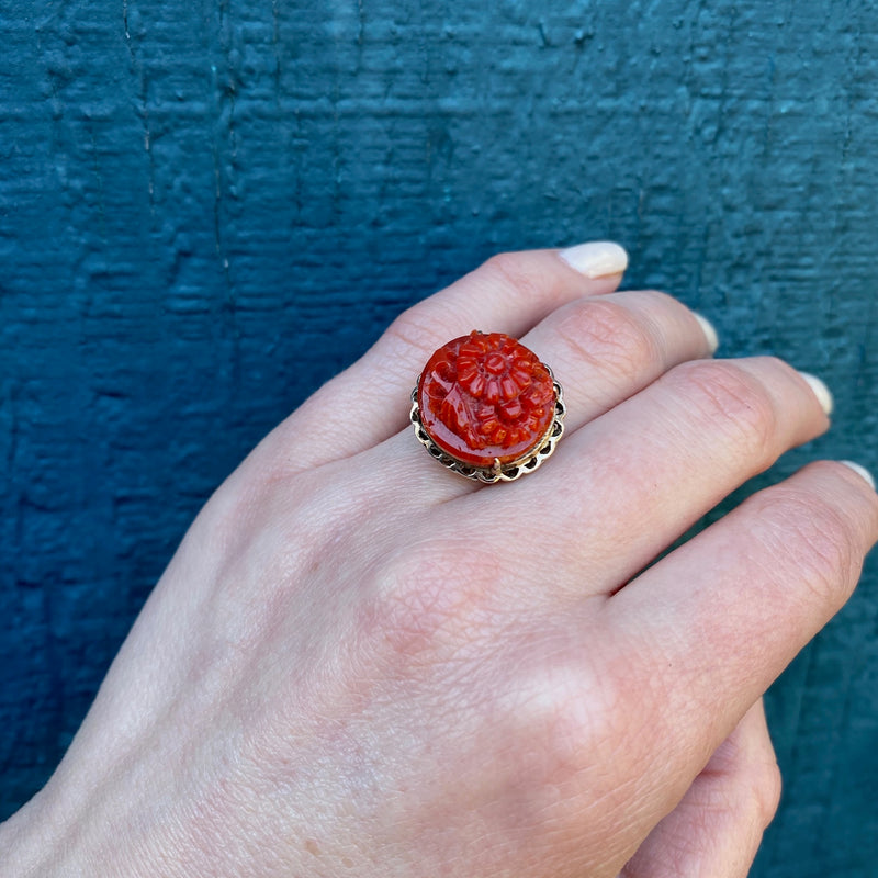 1950s Carved Red Daisy Ring in 18k