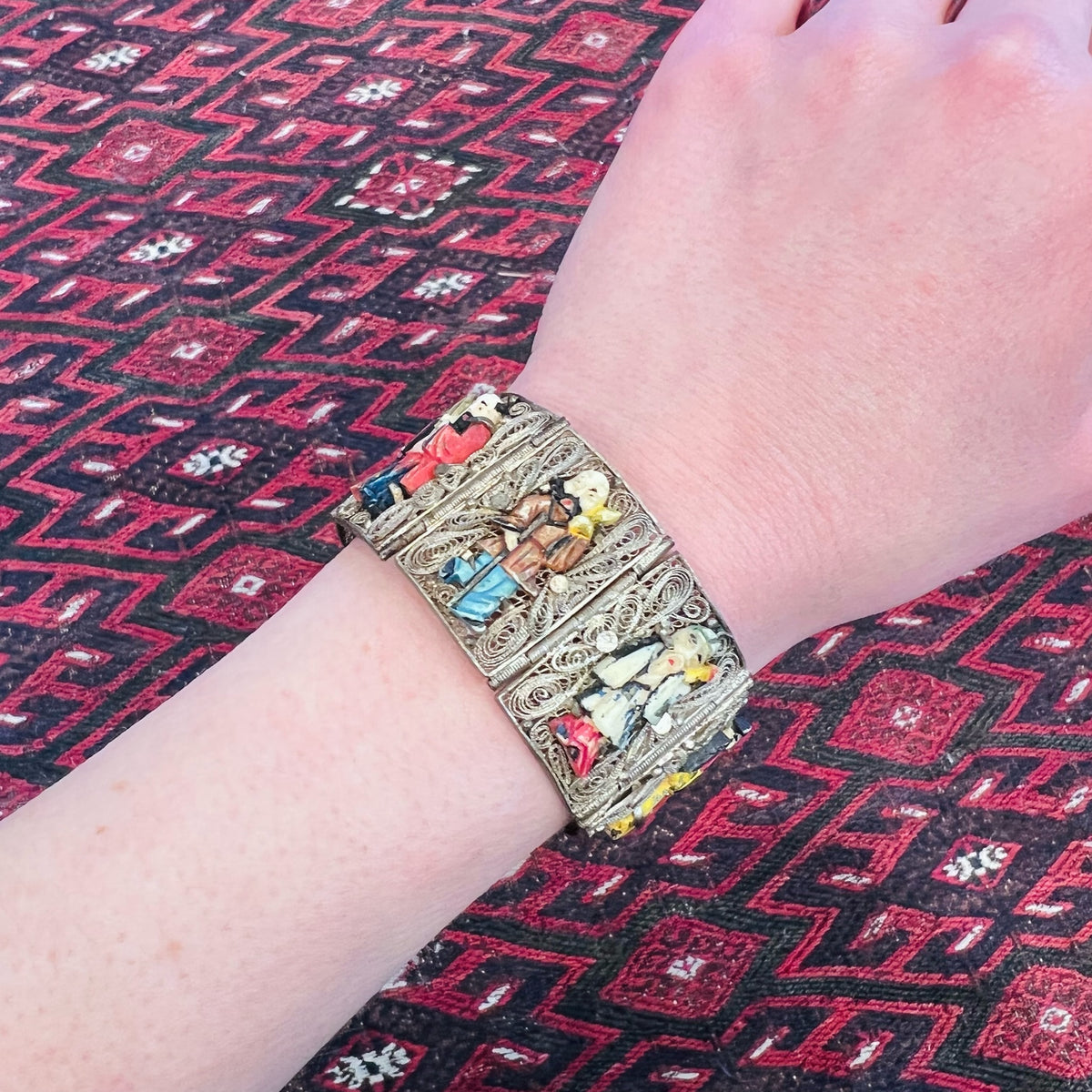 Incredible Chinese Figural Filigreed Panel Bracelet