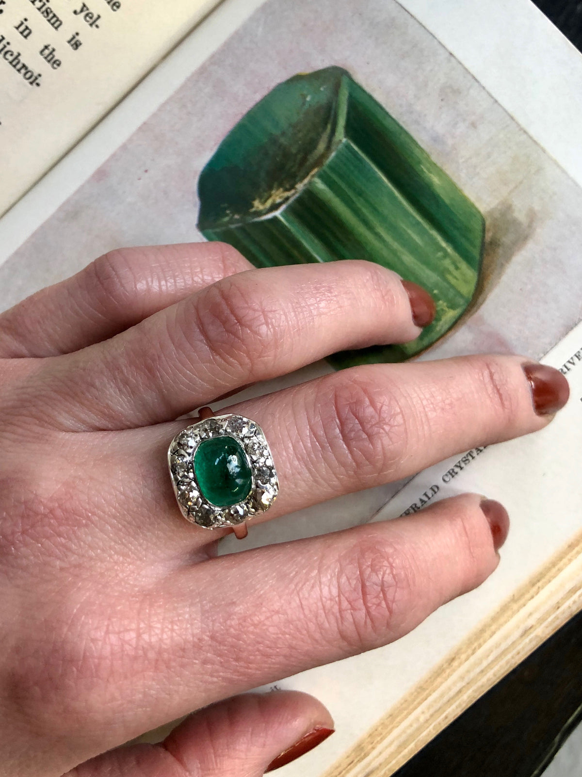 Old Silver on Gold Ring Emerald Sugar Loaf and Diamonds
