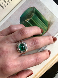 Old Silver on Gold Ring Emerald Sugar Loaf and Diamonds