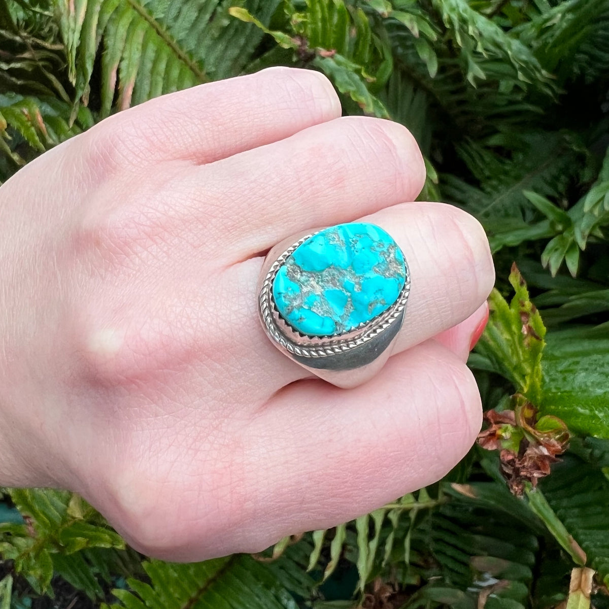 Chunky Big Turquoise Nugget Silver Signet Ring