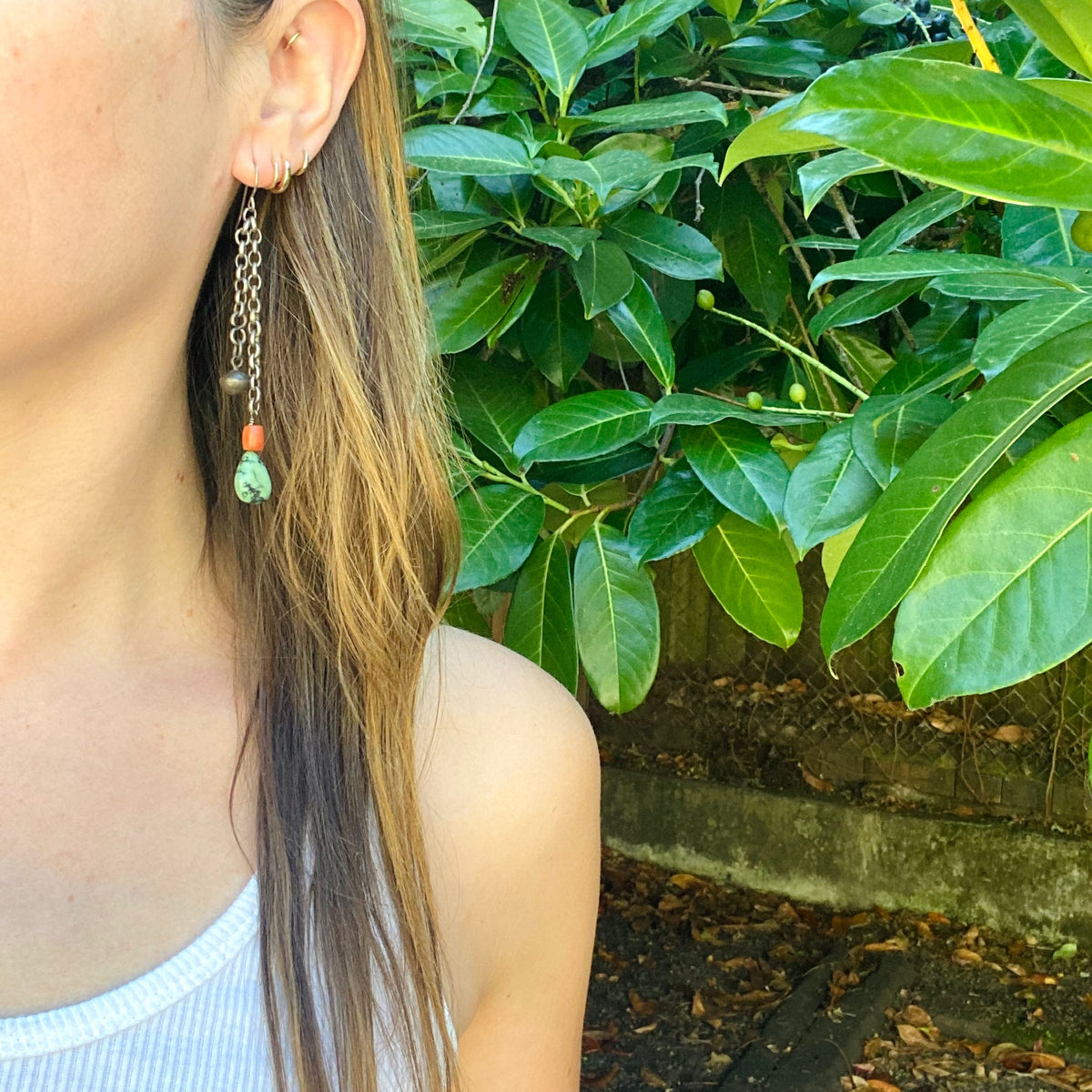 Tibetan Turquoise Drops & Red Beads Earrings