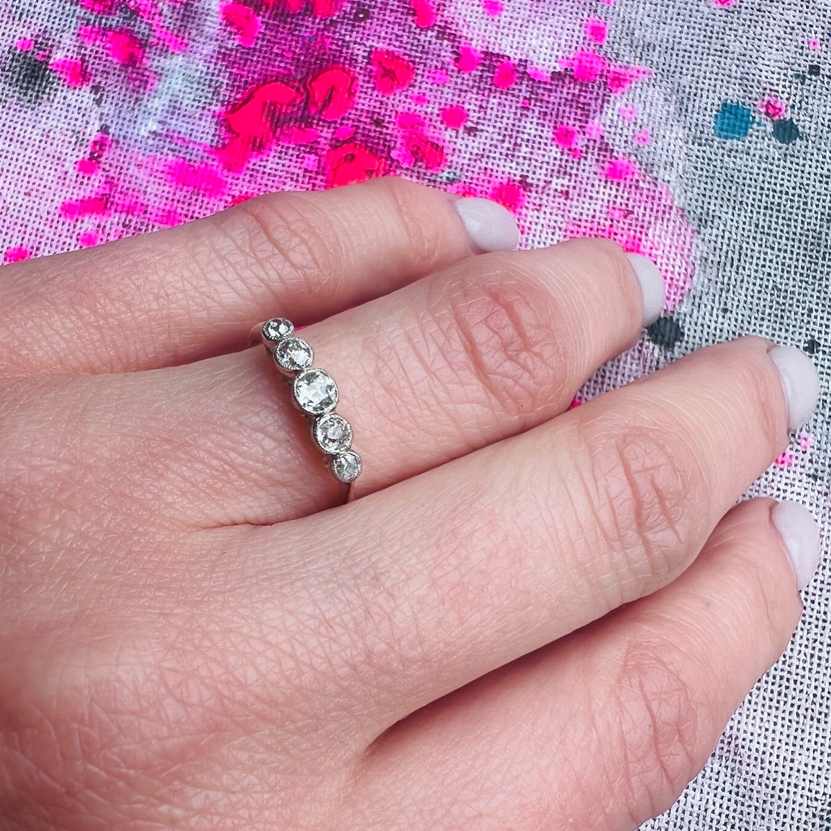 Graduated Old Mine Diamonds Platinum & 18ct Ring