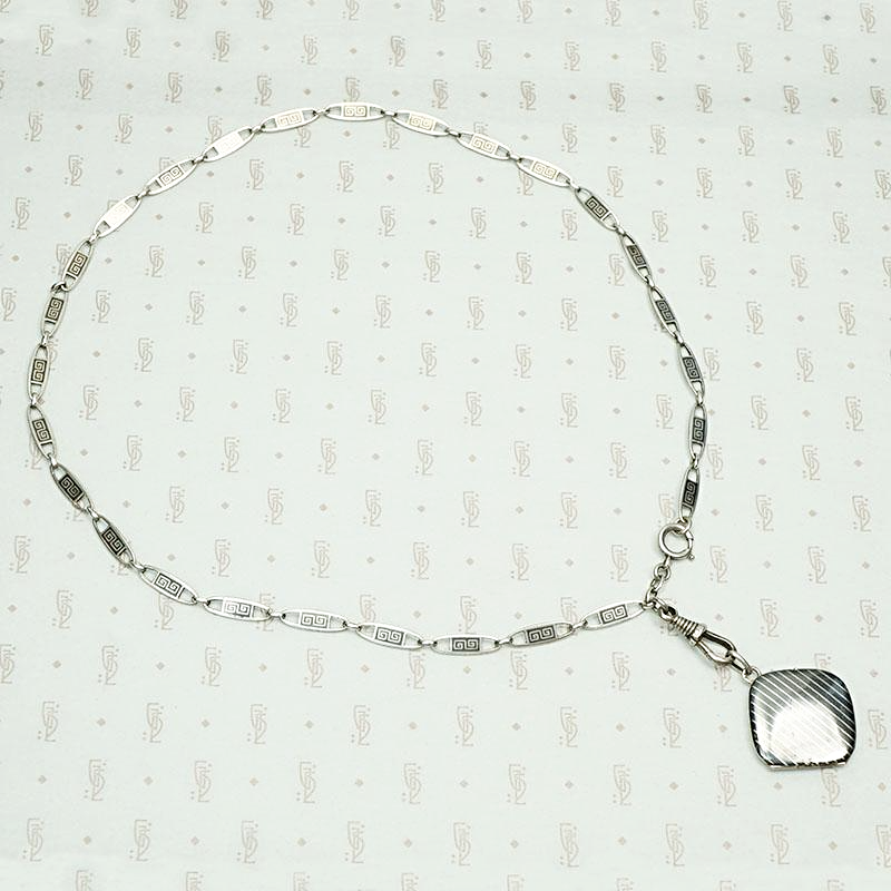 Subtly Graphic Silver and Niello Enamel Chain & Locket