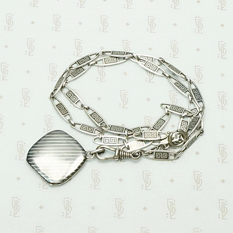 Subtly Graphic Silver and Niello Enamel Chain & Locket