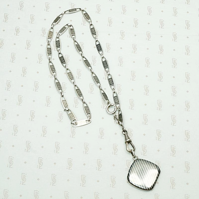 Subtly Graphic Silver and Niello Enamel Chain & Locket