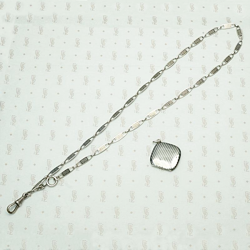 Subtly Graphic Silver and Niello Enamel Chain & Locket