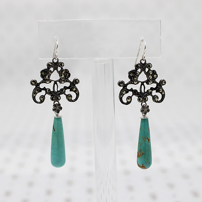 Foliate Silver & Marcasite Earrings with Turquoise Drops
