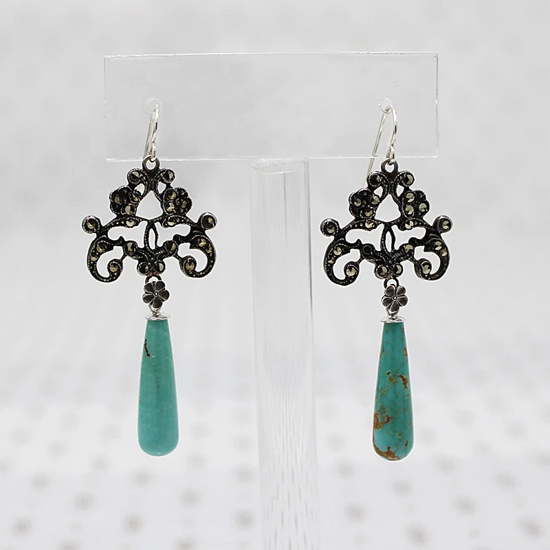 Foliate Silver & Marcasite Earrings with Turquoise Drops