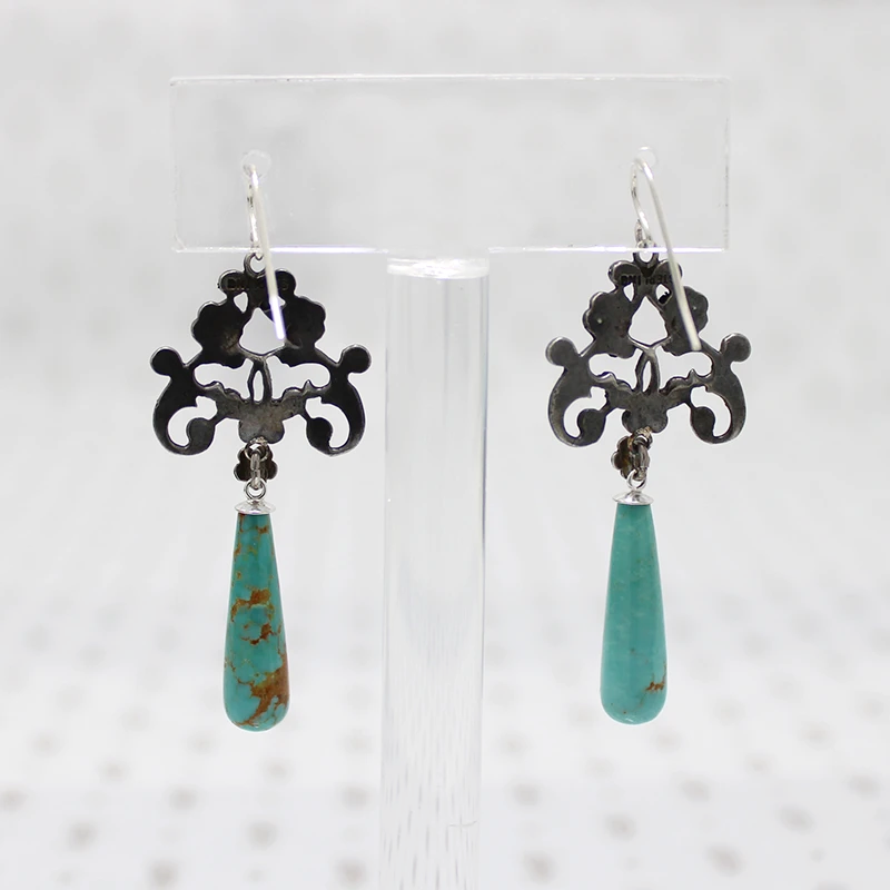 Foliate Silver & Marcasite Earrings with Turquoise Drops