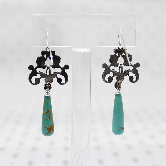 Foliate Silver & Marcasite Earrings with Turquoise Drops