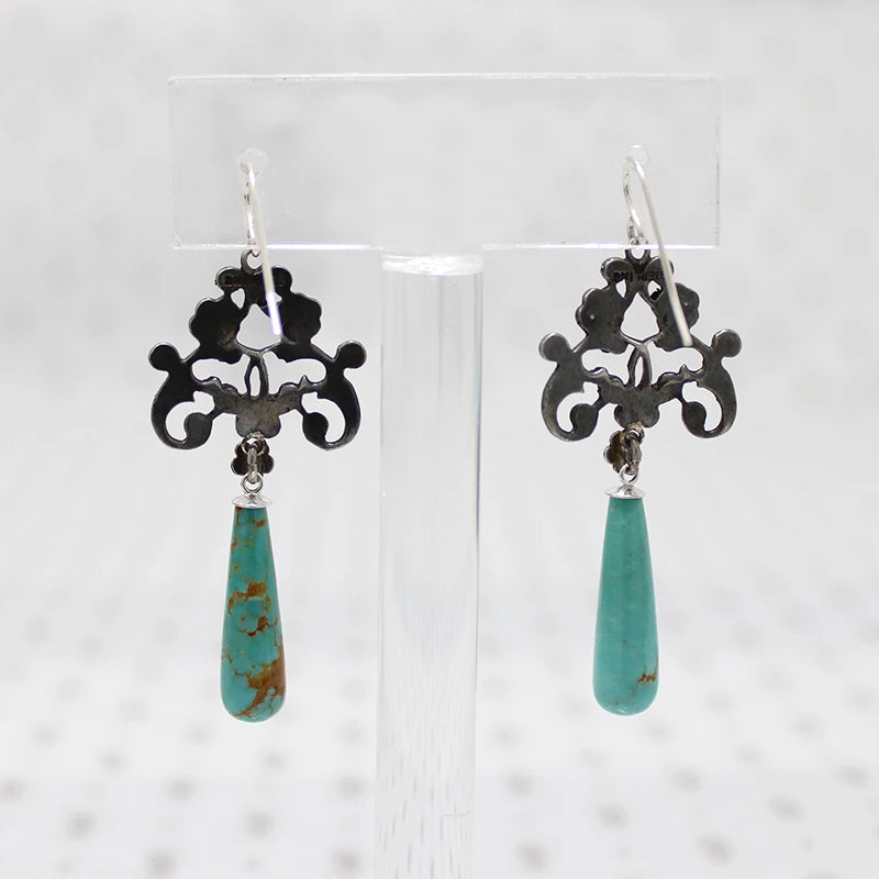Foliate Silver & Marcasite Earrings with Turquoise Drops