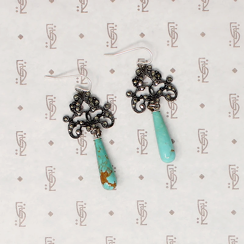 Foliate Silver & Marcasite Earrings with Turquoise Drops