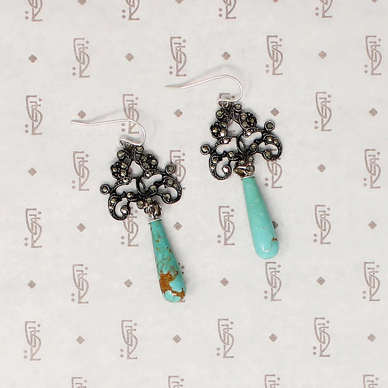 Foliate Silver & Marcasite Earrings with Turquoise Drops