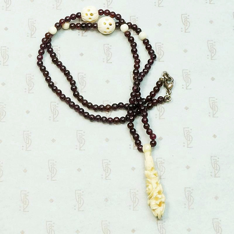 Carved Bone with Garnets Bead Necklace