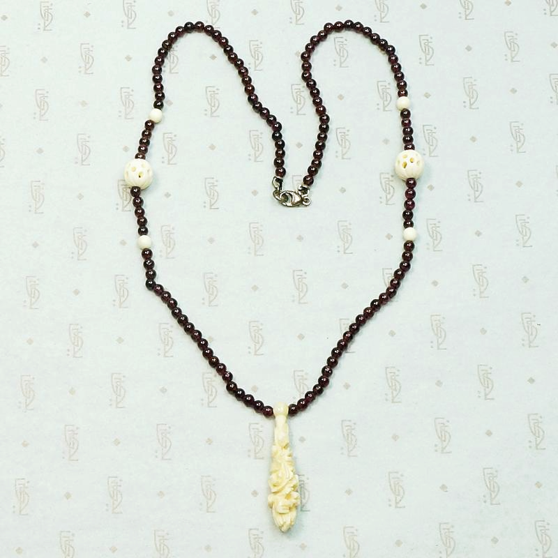 Carved Bone with Garnets Bead Necklace