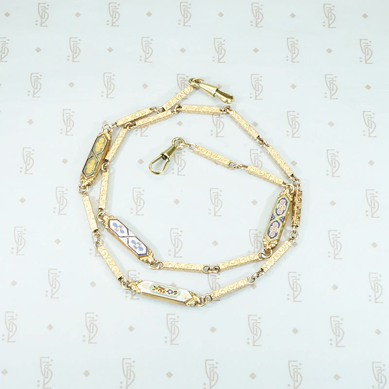 19th Century Engraved & Enameled Gold Link Necklace