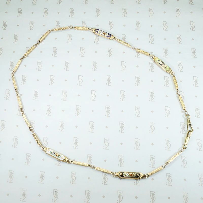 19th Century Engraved & Enameled Gold Link Necklace