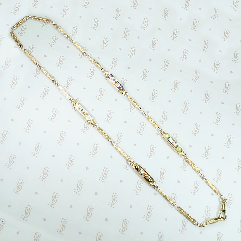 19th Century Engraved & Enameled Gold Link Necklace