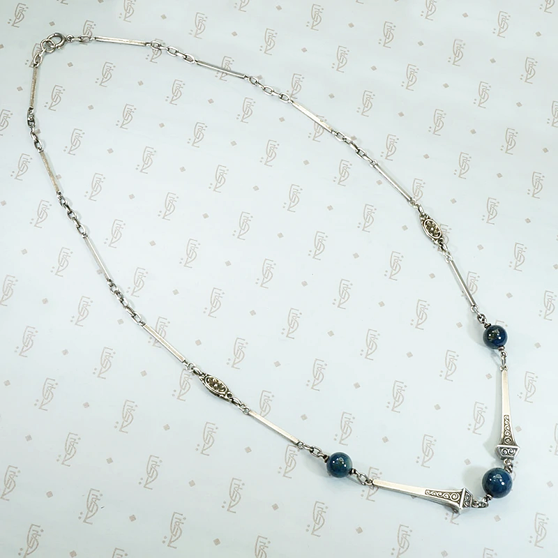 Lapis Beads & Engraved Railroad Nails Sterling Necklace