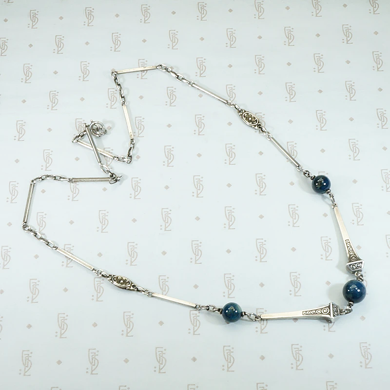 Lapis Beads & Engraved Railroad Nails Sterling Necklace