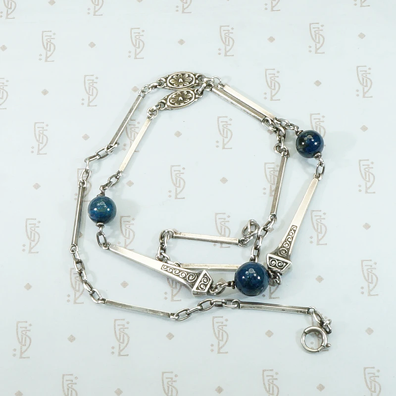 Lapis Beads & Engraved Railroad Nails Sterling Necklace
