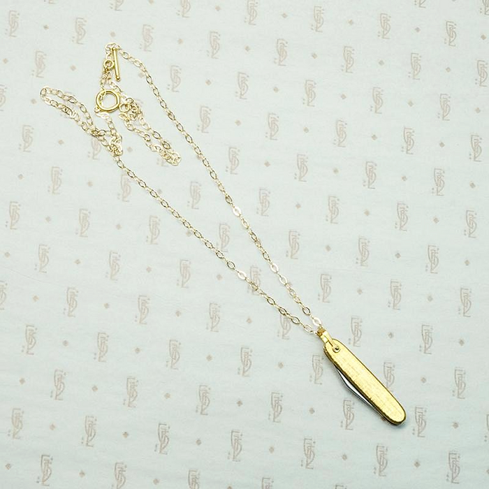 Tiny Vintage Gold Plated Folding Knife Necklace