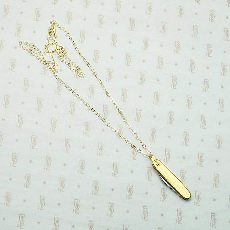 Tiny Vintage Gold Plated Folding Knife Necklace