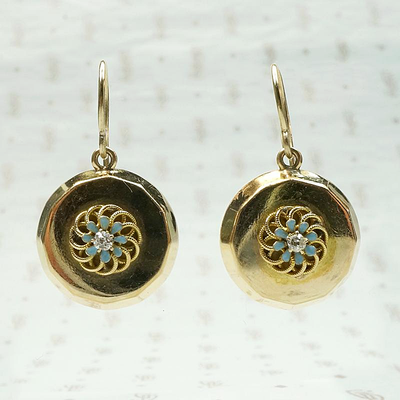 Golden Disc Earrings with Enameled Flowers & Diamonds