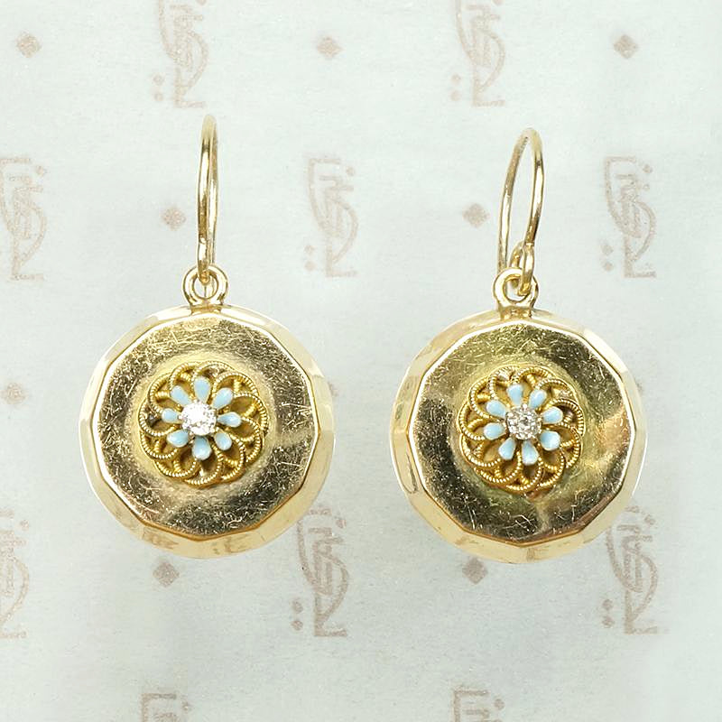 Golden Disc Earrings with Enameled Flowers & Diamonds