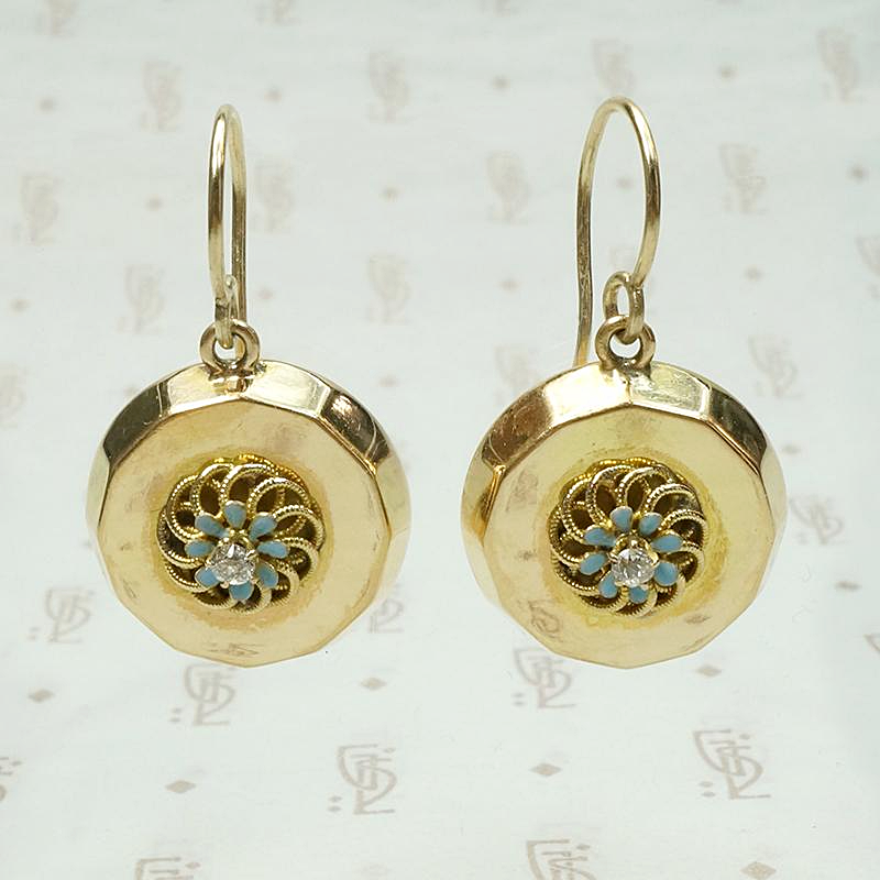 Golden Disc Earrings with Enameled Flowers & Diamonds