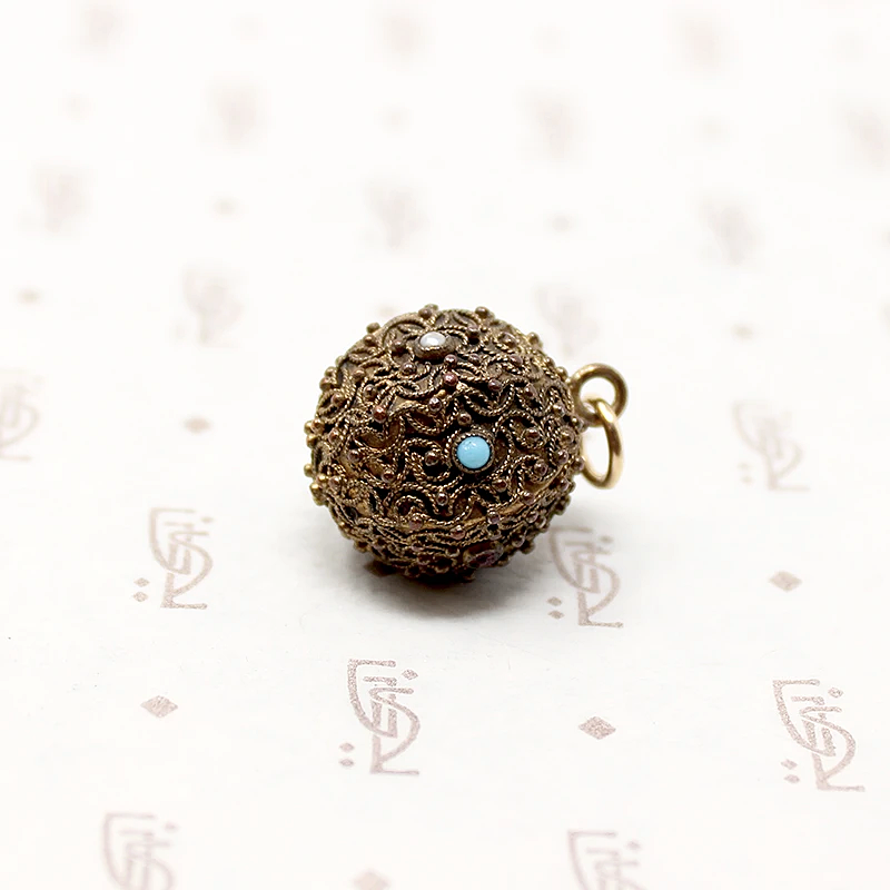 Gem Set Etruscan Revival Filigreed Fob Pendant