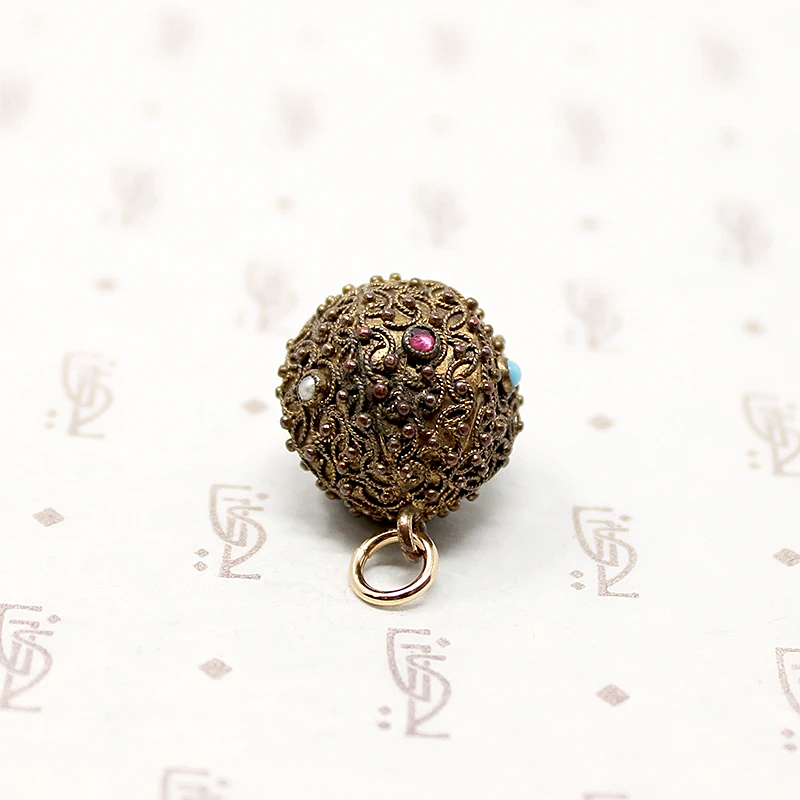 Gem Set Etruscan Revival Filigreed Fob Pendant