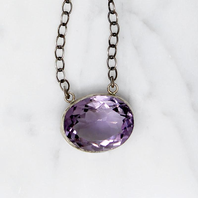 Pretty Purple Amethyst in Sterling Bezel Necklace