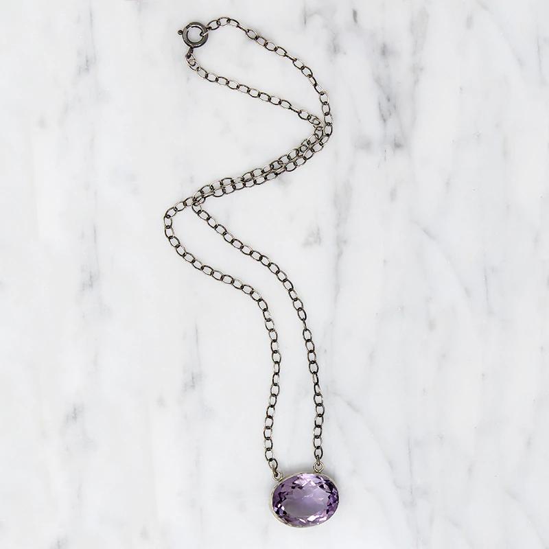 Pretty Purple Amethyst in Sterling Bezel Necklace