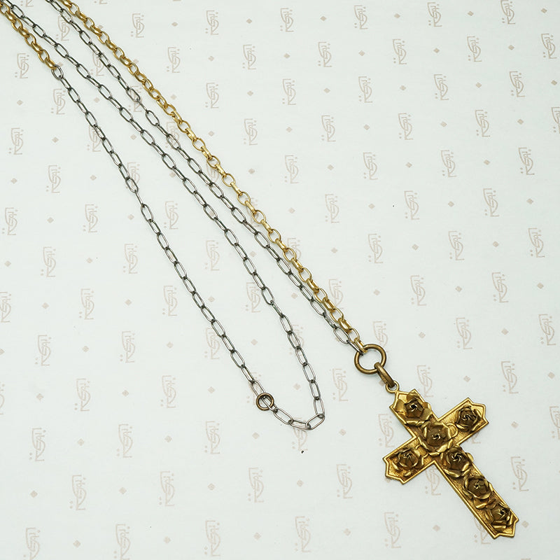 rose covered cross on a sterling and brass chain recycled