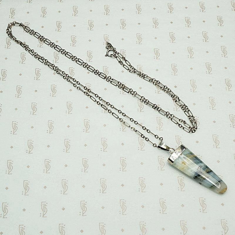 Silver Capped Banded Agate Tusk Necklace