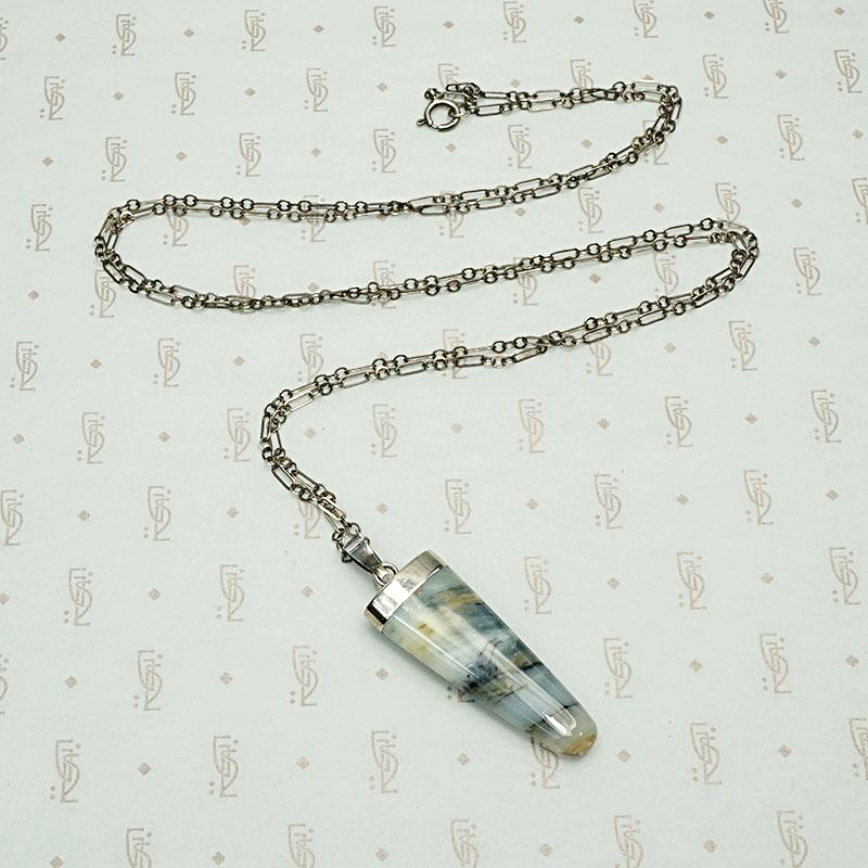Silver Capped Banded Agate Tusk Necklace