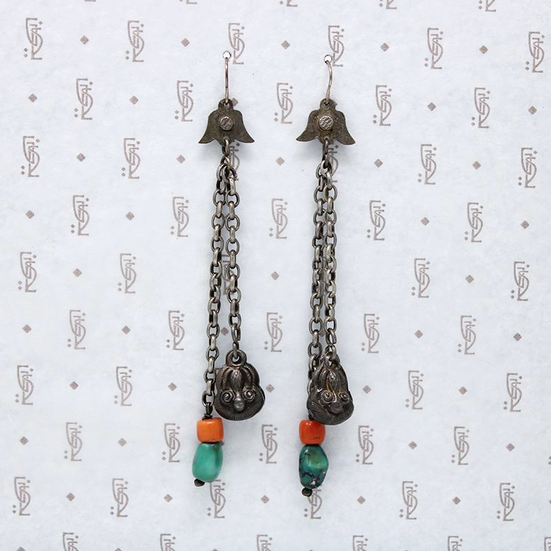 Antique Chinese Silver & Bead Earrings