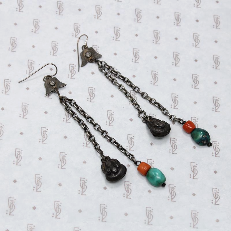 Antique Chinese Silver & Bead Earrings