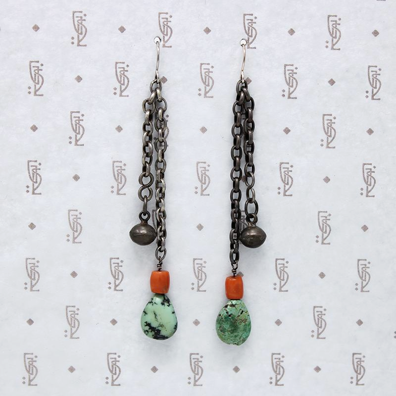 Tibetan Turquoise Drops & Coral Bead Earrings