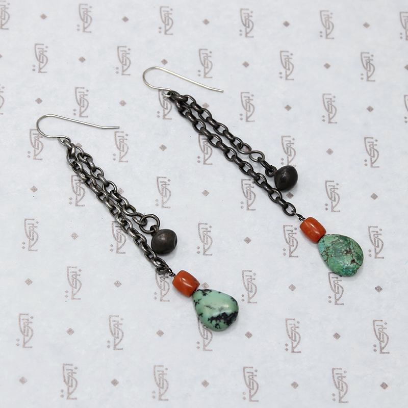 Tibetan Turquoise Drops & Coral Bead Earrings