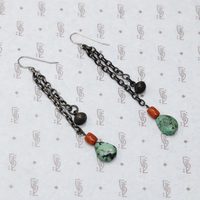 Tibetan Turquoise Drops & Coral Bead Earrings